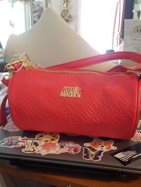 Steve Madden Coral-Red Embossed Barrel Crossbody Bag